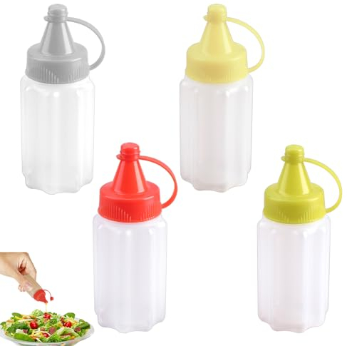 Kasoud Squeezable Sauce Containers, 4 PCS Mini Sauce Containers, Salad Dressing Squeezy, 30ml Mini Condiment Ketchup/Honey/Soy Sauce/Salad, Leak-Proof Design Refillable Use, To Go with Screw Cap