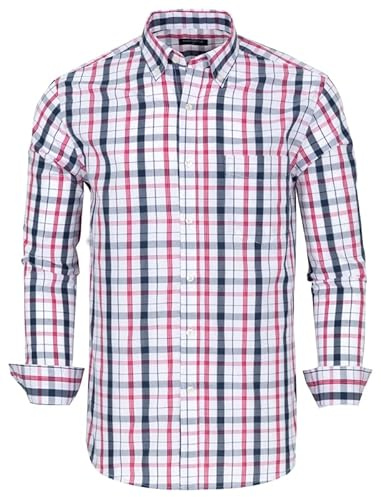 Chemise boutonnée à manches longues pour homme, chemise décontractée à carreaux coupe classique, Bleu marine, rouge, blanc 419, Taille M