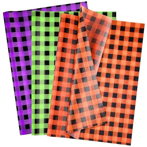 NEBURORA 60 Blatt Halloween-Seidenpapier 35 x 50cm orange grün lila Buffalo Kariert Geschenkpapier für selbstgemachte Geschenktüten Halloween Partyzubehör