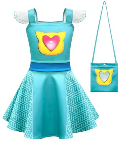 Koongso Costume de super chat de dessin animé pour filles - Motif chatons mignons Bitsy Buddy Ginny Sparks - Robe à manches et sac pour Halloween, anniversaire, jeu de rôle - Tenue décontractée