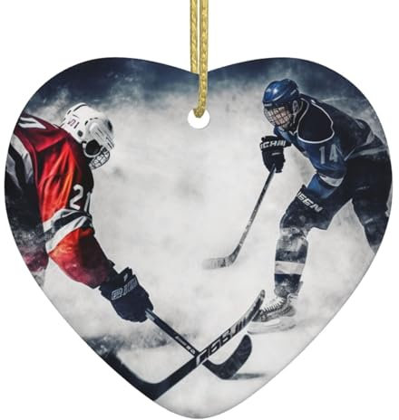 Eishockey-Kunst-Weihnachtsbaum, Keramik, hängend, Eishockey-Kunst, Herzform, Weihnachtsbaumschmuck, doppelseitig, bedruckt, Weihnachtsanhänger für Weihnachten, Familienfeier, Urlaubsdekoration
