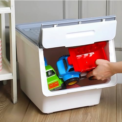 SmartToys4U Stackable Box, Plastic Organiser on Wheels, Kids Storage With Lid Open Front, Multi-Purpose Wheeled Storage for Toys Snacks Clothes (Grey&White, 3 x 12 LT)