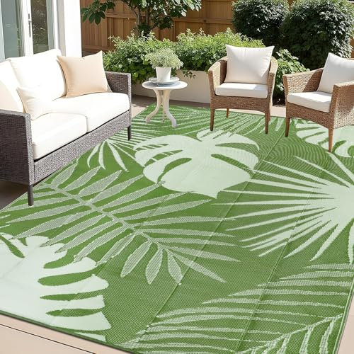 Capslpad Waterproof Leaves Outdoor Rug 245x305cm Reversible Lightweight Plastic Straw Rug Recycled Portable RV Travel Rugs Picnic Blanket Mat for Garden Backyard Camping BBQ Deck Beach, Sage Green