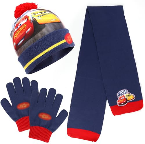VOENCSU Car Mütze Schal Handschuhe Set Kinder, Winter Jungen Set, Car Design, Eine Größe passt allen, Hohe Qualität, Wintergeschenk