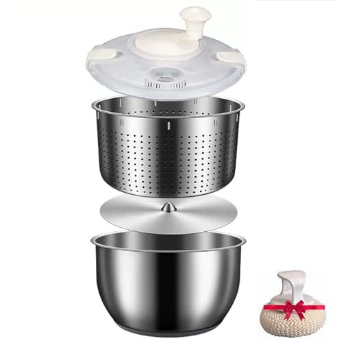 Salatschleuder Edelstahl Großer Gemüse-Waschtrockner - Abflusskorb mit Schüssel und Deckel - Dörrautomat für Obst, Nudeln, Pommes - Ultimatives Küchengerät für frische Produktrotation