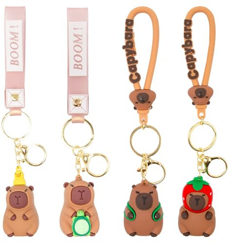 Neikafan Capybara Schlüsselanhänger Set 4 Stück Süße Capybara Kuscheltier Schlüsselanhänger Capybara Anhänger Mini für Ring, Schmuck, Taschenanhän, Rucksack Capybara Strawberry Keychain