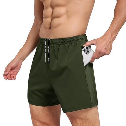 BOOJO Sporthose Herren Kurz Hosen Schnell Trocknend Sport Shorts mit Reißverschlusstasche Leicht Jogginghose Trainingshose(Armeegrün,L)