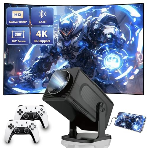 Mini Projector and Game with 2 Gamepad, 4K Portable Screen Theater Projector, Video Game Console with Retro Game 20000+, Smart Outdoor Movie Projector with WiFi, Bluetooth, Auto Keystone, Controller
