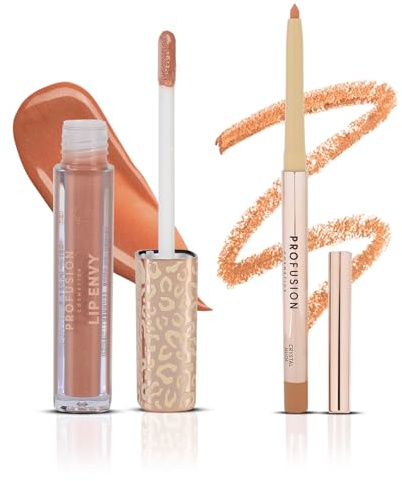 Profusion Cosmetics Lip Envy Gloss and Satin Liner Duo - High Shine | Ultra-Soft, Non-Sticky, Long-Lasting, High-Pigmented, Stain Finish, Smooth, Vegan and Cruelty Free, Define Lips, Crystal Nude