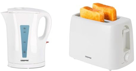 Geepas Electric Kettle & 2 Slice Bread Toaster Kitchen Combo Set | 2200W 1.7L Cordless Jug Kettle Boil Dry Protection & Auto Shut Off | 650W 6 Level with Browning Control & Crumb Tray | White