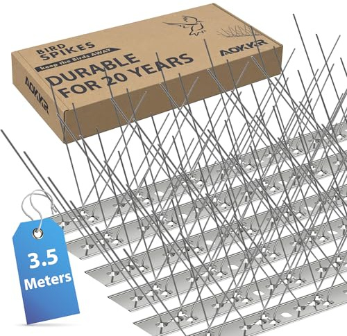 AOKKR Bird Spikes, 3.5M Stainless Steel Pigeon Spikes, Humane Spring/Summer Bird Deterrent for Pigeons, Seagulls, Weather-Resistant Anti-Bird Spikes for Roofs, Gutters, Fences, Window Sills, 14 Pack
