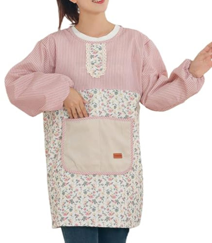 CBBEONRN Apron for Women Cotton Korean Style Kitchen Cooking Long Sleeves for Work, Catering, Kitchen Use Pink,One Size