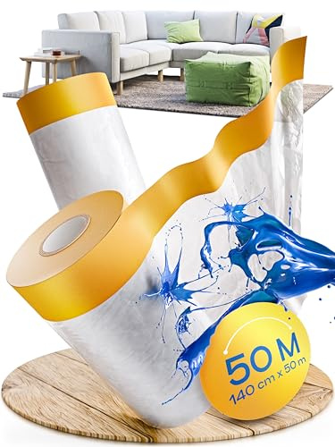 TOOLCORE 2x Abdeckfolie mit Klebeband 140cm x 25m - Original Goldband | Extra reißfeste Malerfolie mit Klebeband - Maler Abdeckfolie - Abdeckband mit Folie - Malerkrepp mit Folie