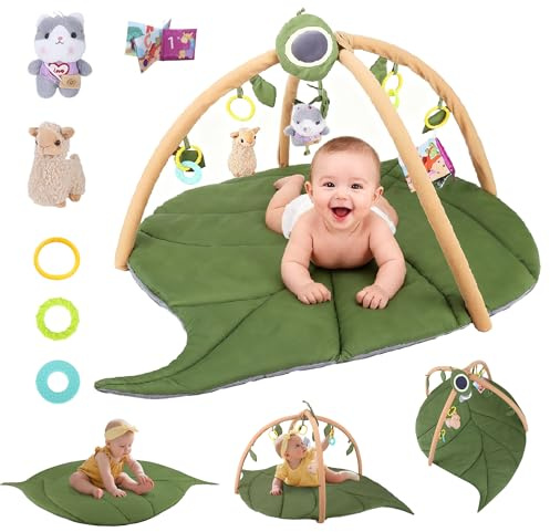 Spielbogen Baby, Krabbelmatte mit Spielbogen Blattförmig, Extra Weiche Baby Spieldecke 0-6-12-18 Monate mit 5 Sensorischen Spielzeugen, Meilensteinkarten Baby, Neugeborenes Baby Geschenk