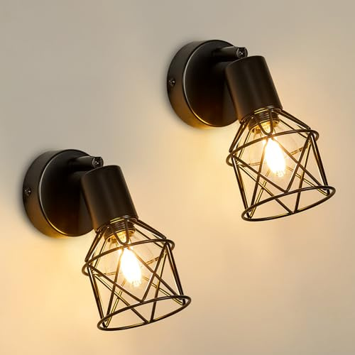 FORCOSO Wandleuchte Innen 2er, Vintage Schwarz Wandlampe Metall, Deckenspots Schwenkbar 350°, E14 Wand Lampe Spots, Retro Industrial Wall Light Fixtures Wohnzimmer Schlafzimmer Flur