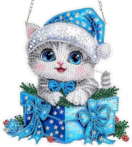 MAXBYE Diamond Painting Art Hanging Pendant Kits Adults, Cute Kitten Crystal Ornaments with Chain, DIY Gem Special Shaped Hanging Pendants Diamond Art Craft Decoration for Home Wall & Window 20x20cm