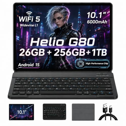 UXD A5 10.1-Inch Android 15 Tablet With Keyboard, 26GB RAM (8GB+18GB Extended), 256GB Storage, 1TB Expandable, Octa-Core, HD IPS, WiFi 5, 6000mAh, Mouse & Case，Grey