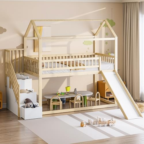 Mrwoo Kinderbett Etagenbett 90 × 200 cm, Hochbett mit Rutsche und Stauraumtreppe, Hausbett mit hohe Zaunkonstruktion und Lattenrost, Massivholzbettrahmen, Holzfarbe (Ohne Matratze)