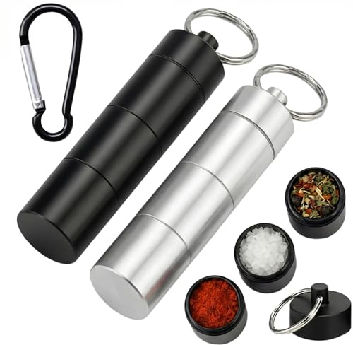 2 Camping-Gewürzstreuer aus Aluminium, 3-in-1, Kompakt, Wiederbefüllbar | 3 Herausnehmbare Fächer, Camping-Gewürzdosen, Befestigung Per Schlüsselring, leichte Reinigung mit Wasser und Seife