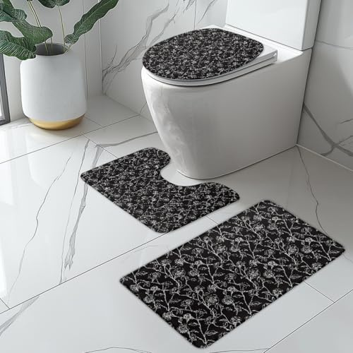 Badteppich Set Schwarz Floral Duschvorleger rutschfest Waschbar 3 Teilig Bad Vorleger U-Förmig WC Teppich Toilettendeckelbezug Deko Badezimmer Bath Mat 50x80 cm