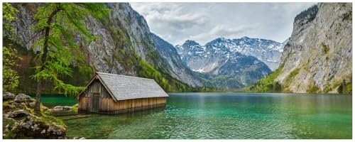 Wallario Memoboard aus Glas mit Motiv, Magnet-Tafel in 32 x 80 cm in Premium Qualität Berghütte an See