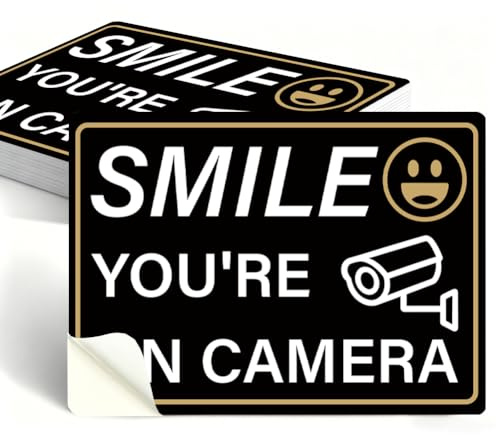 PRESSINART 10 Stück Lächeln Auf Kamera Aufkleber 5.1 x 7.1 Zoll Kamera Schild Aufkleber Selbstklebende wasserdichte PVC Vinyl Sicherheits Warnschild Aufkleber Für Zuhause Im Freien Innen Auto
