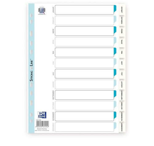 Oxford 400013900 Kunststoff-Register Strong-Line Jan-Dez 12-teilig für DIN A4 Plastikregister mit beschriftbarem Deckblatt weiß Ringbuch Ordner Ring-Mappe