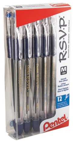 Pentel RSVP Ball Point Pen, Medium Line, 12-Blue Ink Pens (BK91PC12C) by Pentel