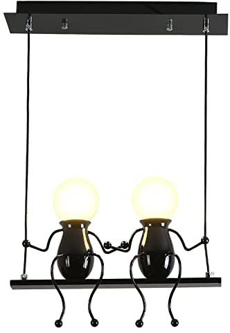 Creativo Illuminazione a sospensione Moderno Doppio Piccole persone Regolabile Luce a sospensione Sala da pranzo Ferro Cartone animato Bambola Lampadari Luci da soffitto 2×E27 Vernice da forno Nero