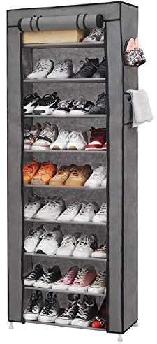 PENGKE Organizador de zapatos de 9 estantes con cubierta antipolvo – Estante de armario para hasta 27 pares de zapatos – Diseñado para puertas, pasillos, balcones, salas de estar – Gris