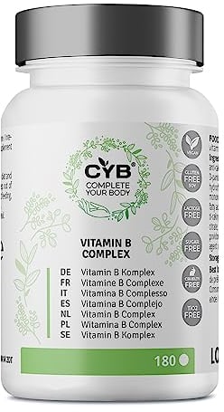 CYB | Vitamina B Complex | 180 Comprimidos 6 Meses - Biotina Vitamina B12/B6/B3/B1 Ácido Fólico - Suplemento Vegano - Complejo B - Testeado en Laboratorio