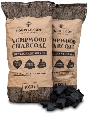 Logpile - Lumpwood Charcoal for BBQs (2x10kg) | Quick-Light, Premium Restaurant Grade Smokeless BBQ Charcoal for Barbecues, Smoker, Pizza Oven, Firepits | Big Chunks for Long-Burning Fuel | 70L Bags