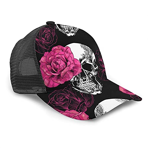 Oaieltj Unisex Baseball Cap Damen Herren Klassische Baseball Cap Verstellbare Snapback Mesh Trucker Hut Sonnenhut, Rosa Rosen Totenkopf, One size