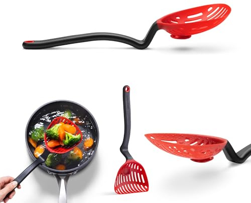 Dreamfarm BIG LESTRAIN Schöpfkelle mit Siebkopf und Tropfschale | Schaumkelle, hitzebeständig, spülmaschinenfest, flexibler Kopf, ergonomisches Design, robuste Verarbeitung, Schwarz