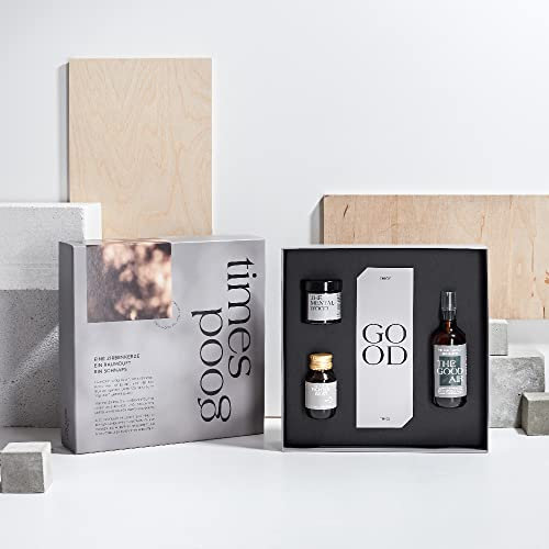 Zirben Geschenkbox Good Times — Eine gute Zeit schenken. Geschenkset mit Raumduft Spray Bio-Zirbelkiefer, Fichtengeist, Zirbenkerze und Grußkarte