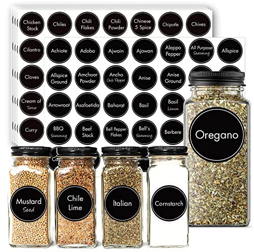 160 Round Herb and Spice Labels for Jars, Prefdo Waterproof Printed Seasoning Label Stickers Heavyweight Vinyl Chalkboard for Pantry Spice Organization(Black)