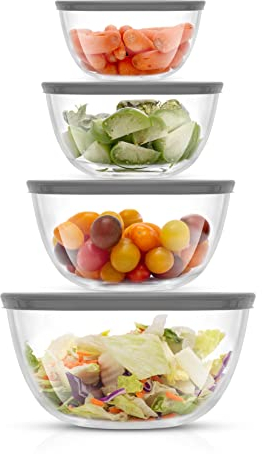 JoyJolt Glass Mixing Bowls - 8pc Set with Lids - Durable, Nesting, BPA-Free - 2 Qt Capacity - Modern Style - Salad Bowl Included