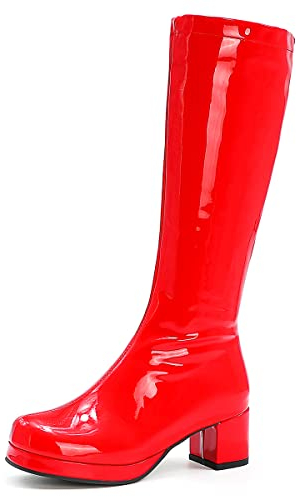 Roimaash Damen Plateau Gogo Stiefel Knee High Zipper up Jahrgang 70's 80's Stiefel Block Mid Heel Plateau Party Heels Lange Stiefel Lack Red Size 39
