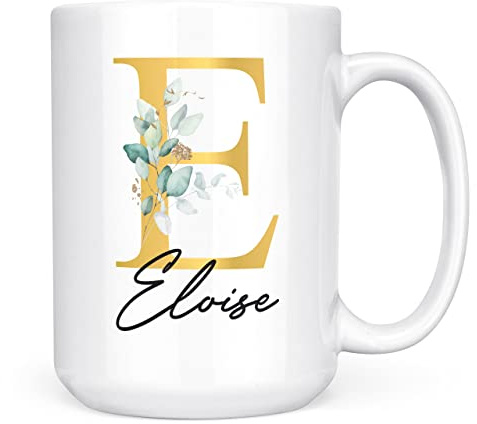 Personalised Letter E Floral Mug Initial with Name, Customised Gift, Gold Effect Printed Letter, NOT Metallic - Ceramic Coffee Cup for Men or Women, Extra Large and Giant Mug, 15oz White Cup