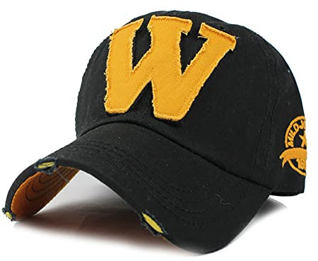 YULOONG Vintage Baseball Cap Denim Bestickt W Trucker Hat Retro Sonnenhut mit ausgefransten Kanten 100% Baumwolle Outdoor Cap Unisex Schwarz