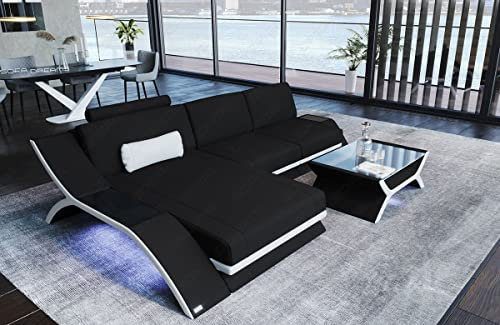 Sofa Calabria Ecksofa - mit LED Beleuchtung, verstellbare Kopfstützen, Recamiere/Mikrofaser/Ausrichtung wählbar (Ottomane Links, Weiss-Schwarz)
