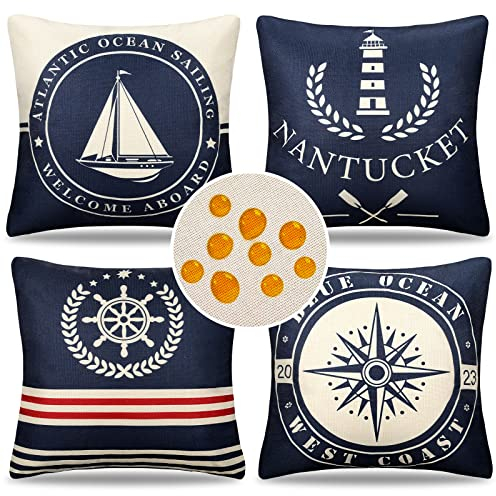 Kissenbezug 40 x 40 Wasserdichte Outdoor Sofakissen Bezug Nautische Anker Segelboot Leuchtturm Kompasse Marineblau Leinen Dekokissen Couchkissen Zierkissenbezüge für Garten Bank Terrassen 4er Set
