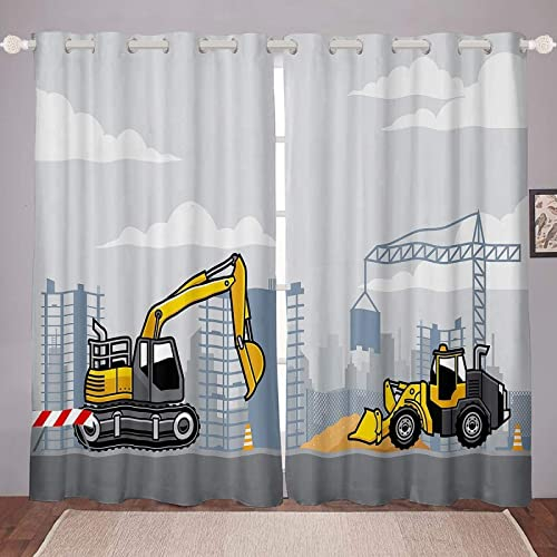 FIBITA Vorhang Blickdicht Bagger Vorhänge Bulldozer Gardinen Wohnzimmer Schlafzimmer Bagger Verdunklungsvorhänge 3D Druck Vorhang 110x215 cm Ösenvorhang 2er Set
