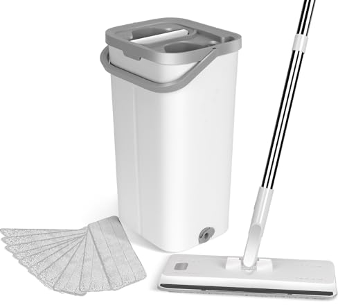 Masthome Serpillière Seau Essoreur 140cm, Balai Microfibre Essoreur avec Seau, Serpillière Plat Rotative 360° avec 5 Serpillères Réutilisables, Mop Serpillere pour Nettoyage de Sol