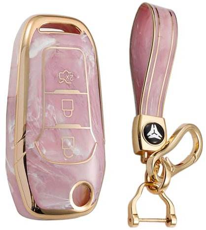 KUNIO Coque de clé à Rabat - Convient pour Ford Fiesta Focus Galaxy Fusion Mondeo C-Max B-Max S-Max Kuga Ecosport - TPU - Coque de Protection Porte-clés 3 Boutons A - Rose