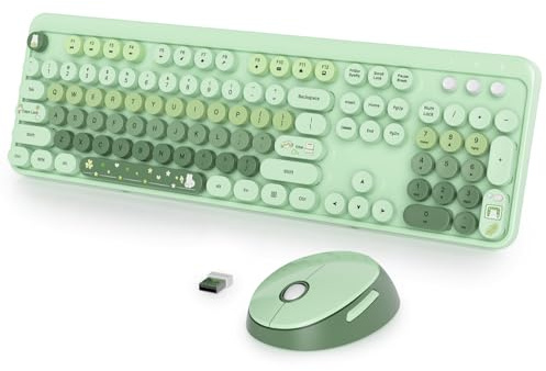 Fogruaden Clavier et souris sans fil verts, clavier rétro pour machine à écrire, 2,4 GHz, 104 touches, clavier mignon avec pavé numérique, clavier coloré dégradé avec touches rondes pour PC Windows et