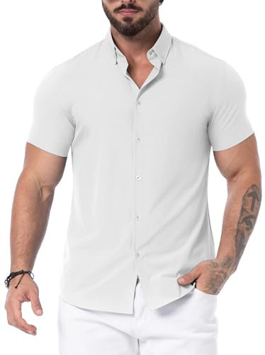 QIXING Men's Muscle Fit Shirts Wrinkle-Free Short Sleeve Casual Shirt Stretch Slim Button Down Shirt(White, M)