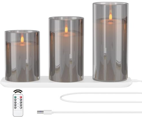 Evglim Rechargeable LED Flameless Candles Flickering, LED Candle Lights Flameless Flickering Lights with Remote Control 2/4/6/8-hrs Timer Function, Flickering Candles Set of 3 x H4''/5''/6''' - Grey