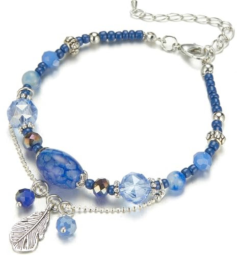 FULU AUTUMN Boho Perlenarmband Damen Kristall Perlen Armband mit Anhänger Boho Modeschmuck Geburtstagsgeschenk für Frauen(73-Sapphire)