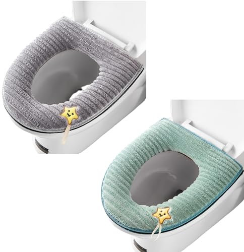 2 Pieces Thicker Bathroom Soft Toilet Seat Cover Pad with Handle Toilet Lid Cover Cushion Soft Thicker Washable Fits All Oval Toilet Seats (Gray+Green)